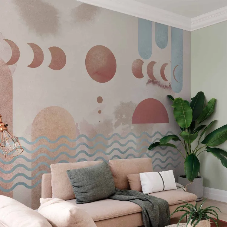 Abstrakce oblohy - grafika naznačující pohled na řeku a fáze měsíce