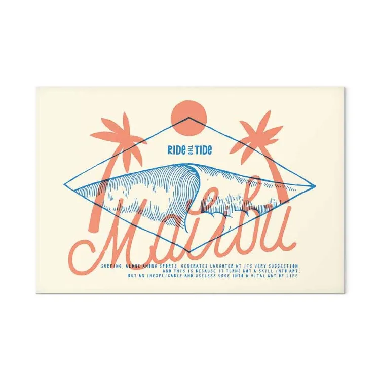 Malibu Surfing - Beach, Palms, Big Wave, and "Ride the Tide" Text